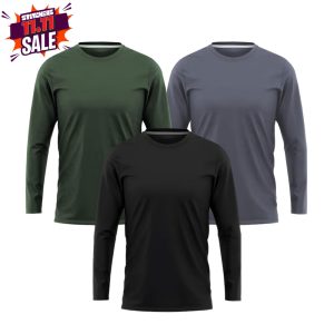 Pack Of 3 Grey Olive & Black Full Sleeves Jersey T-shirts (Code: ST-6878)